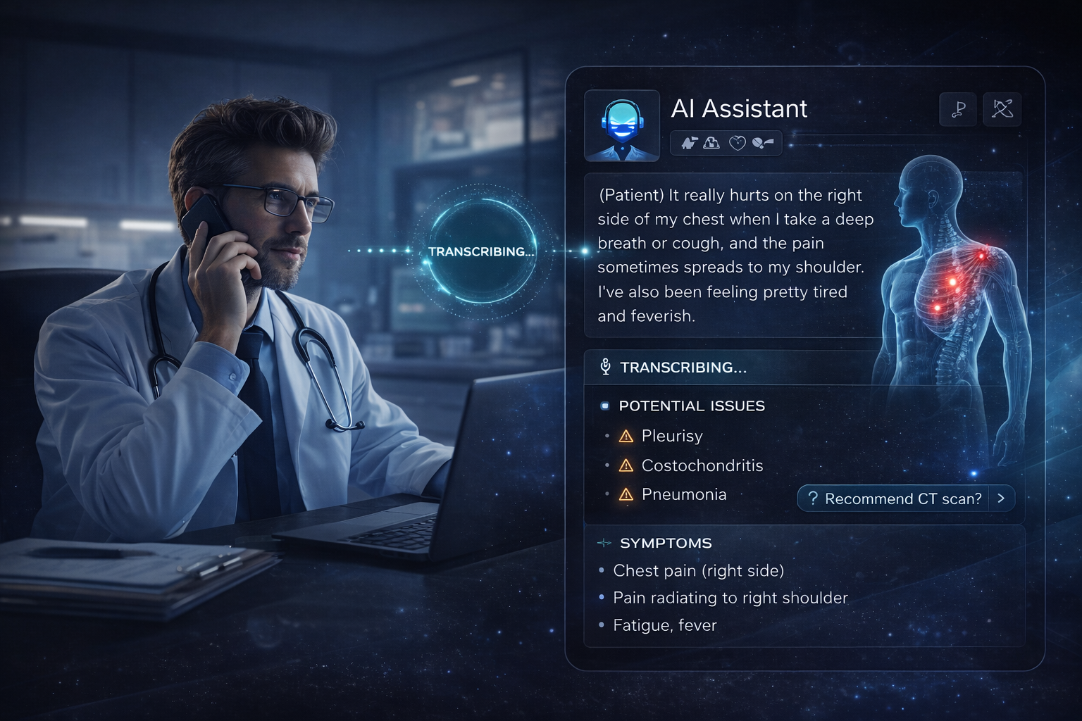 Healthcare AI Assistant transcribing patient calls with symptom mapping and clinical decision support