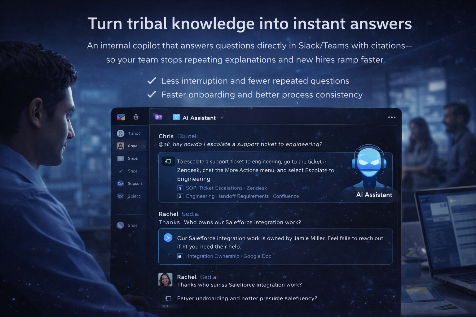 AI Assistant answering escalation and ownership questions in Slack threads